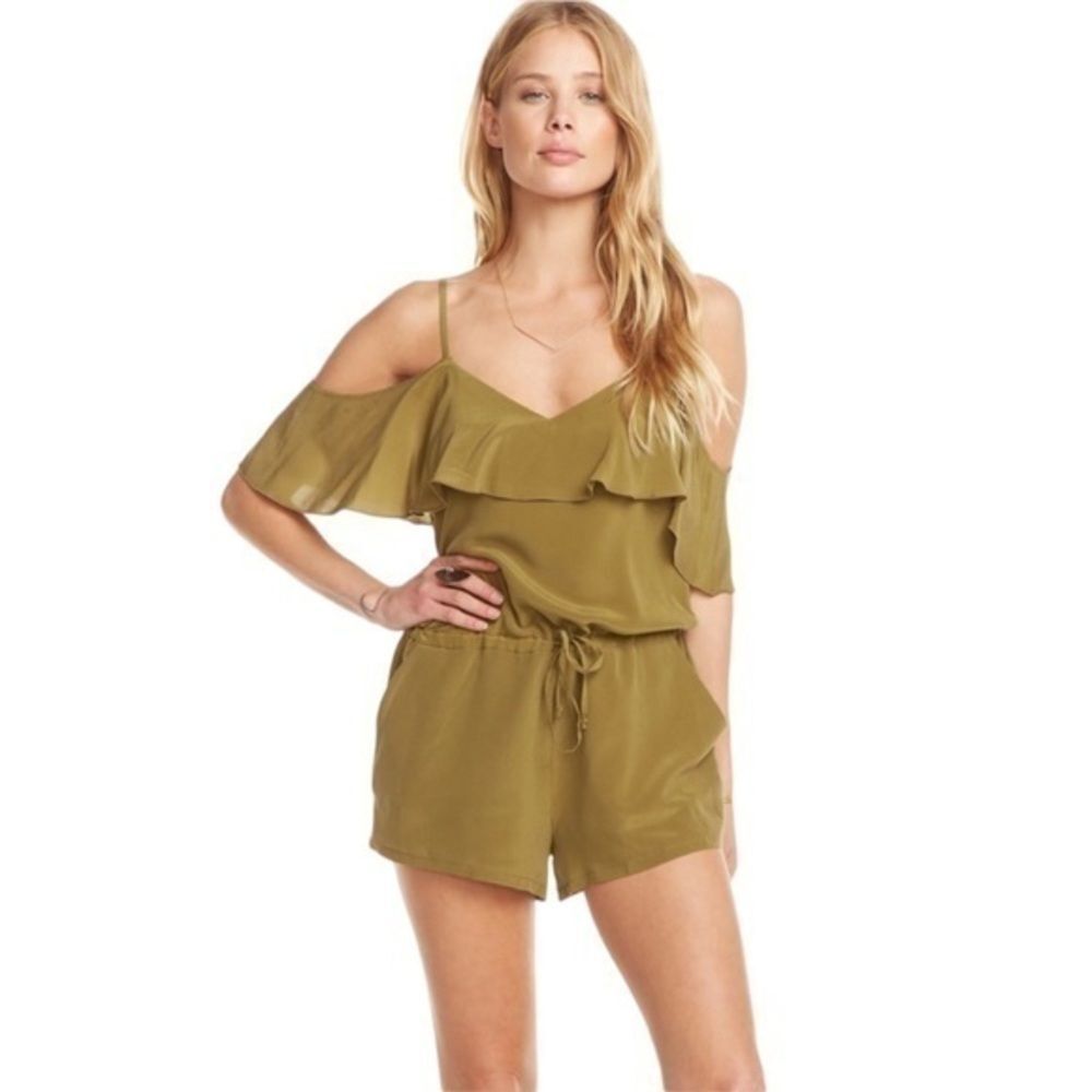 Chaser NEW Green Off Cold Shoulder Romper Flutter Sleeve Festival Boho Resort M